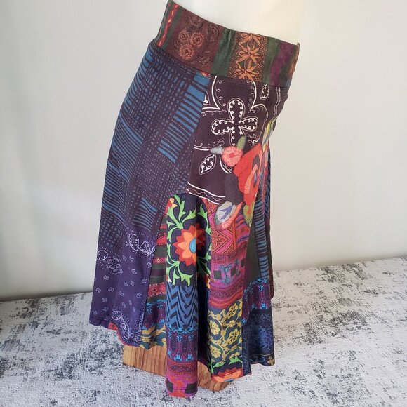 Desigual Spain Funky Patchwork Boho Bright Colourful Skirt w Flowers + Stripes - Picture 5 of 12